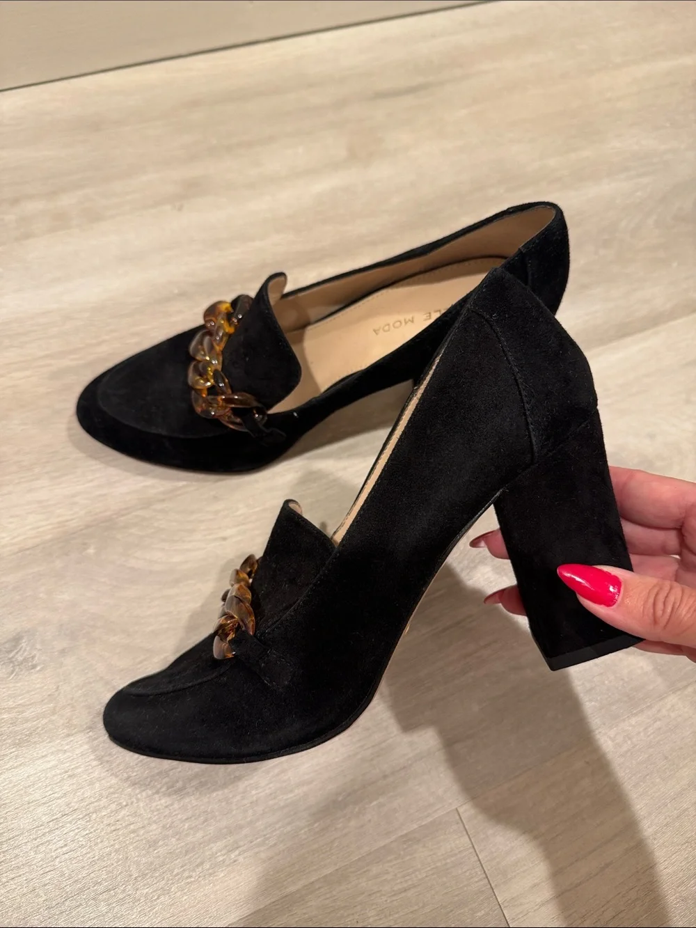 Pelle Moda Black Suede Block Heel Loafers with Tortoiseshell Chain